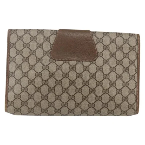 GUCCI GG Supreme Web Sherry Line Clutch Bag PVC Leather Beige Red